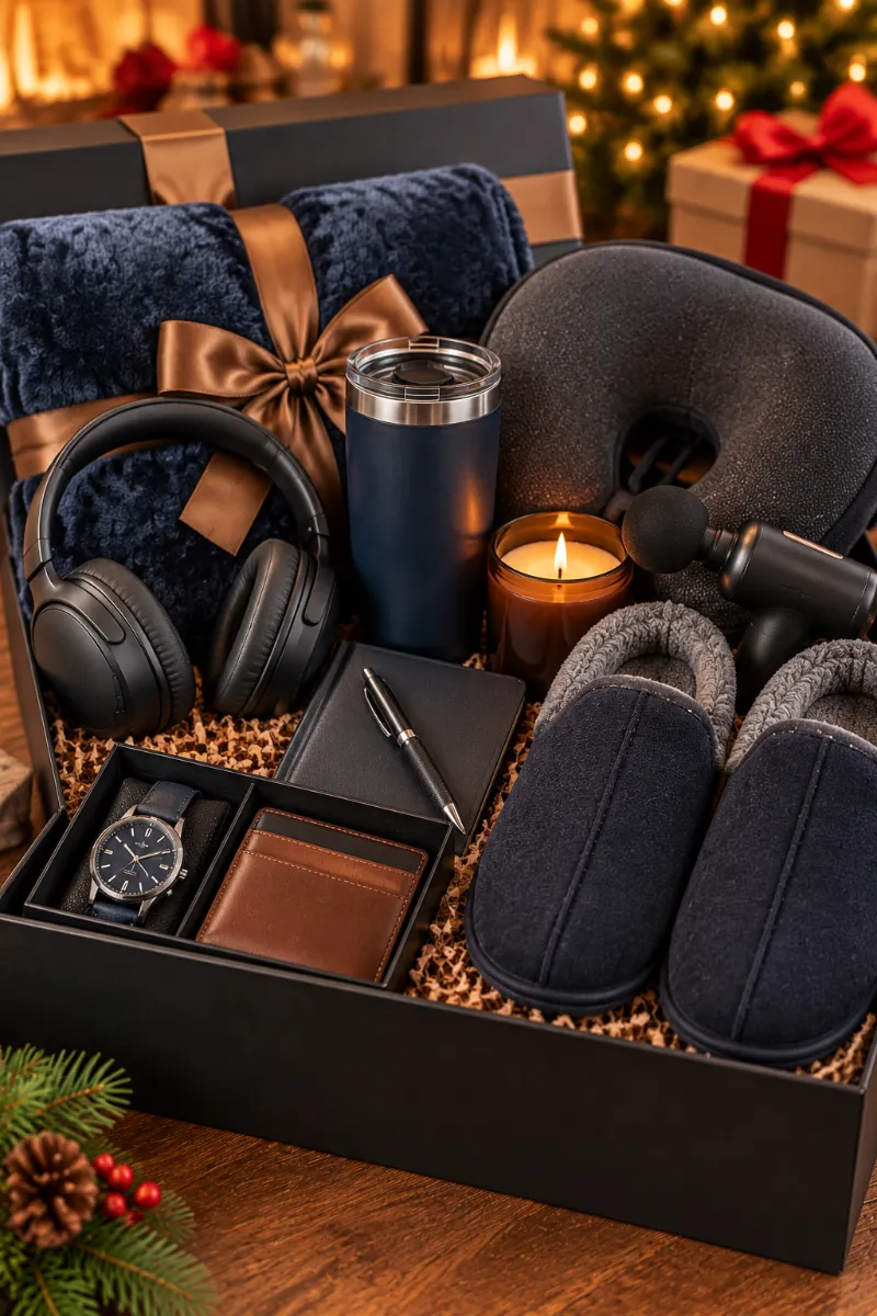 Plush Fleece Blanket, House Slippers, Watch, and Travel Relaxation Gift Set