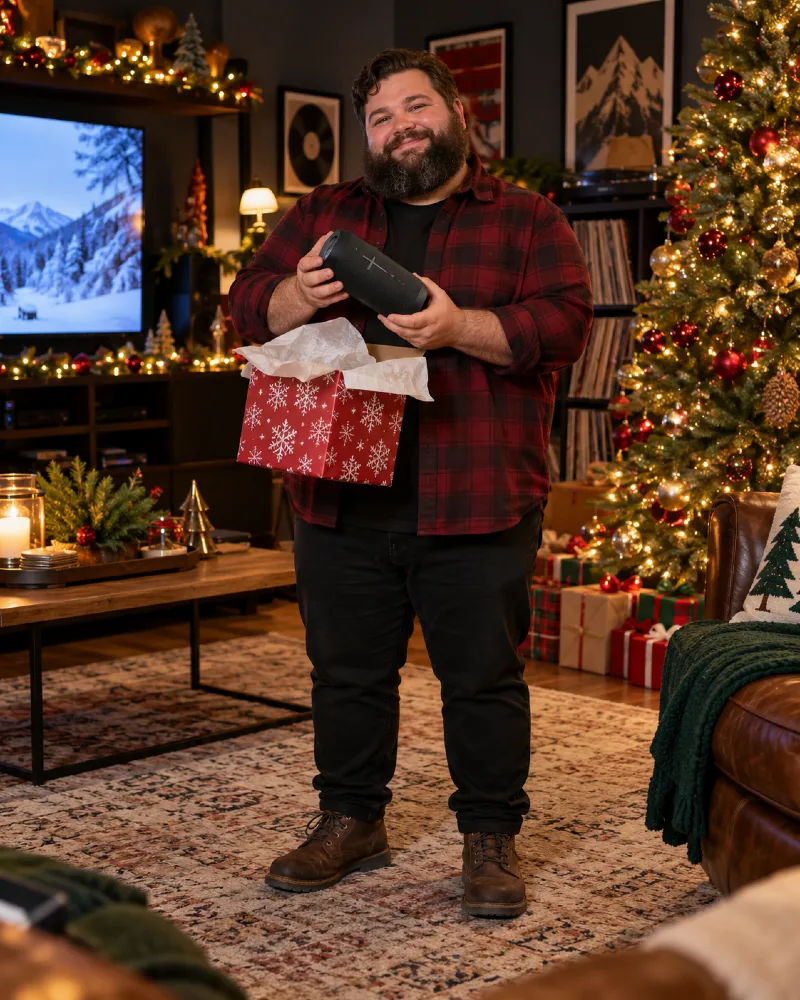 Portable Speaker Gift with Red Plaid Overshirt, Black T-Shirt