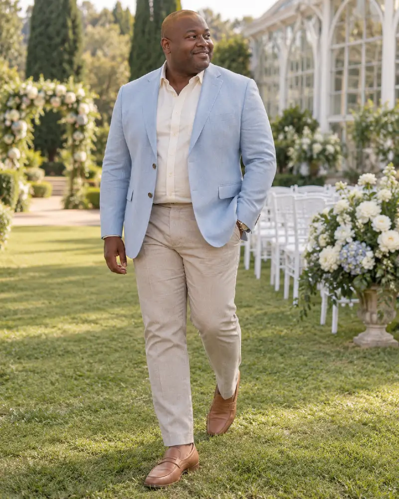 Powder Blue Blazer With Warm Sand Trousers
