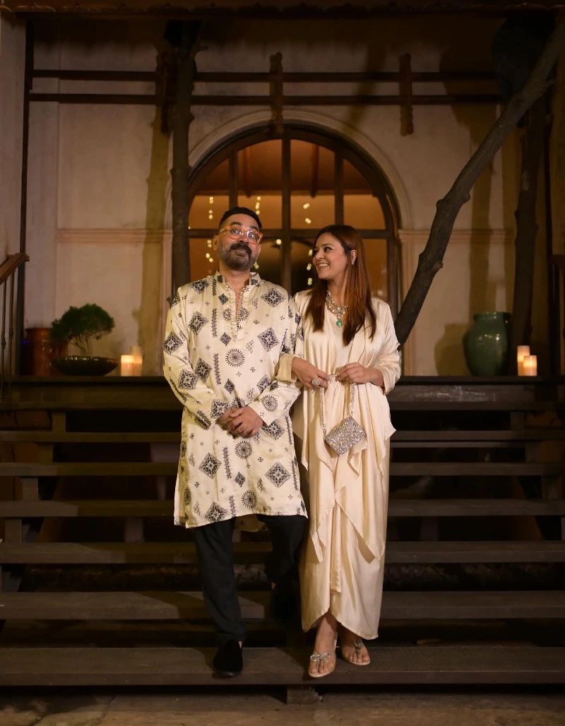 Printed Cream Kurta and Black Trousers