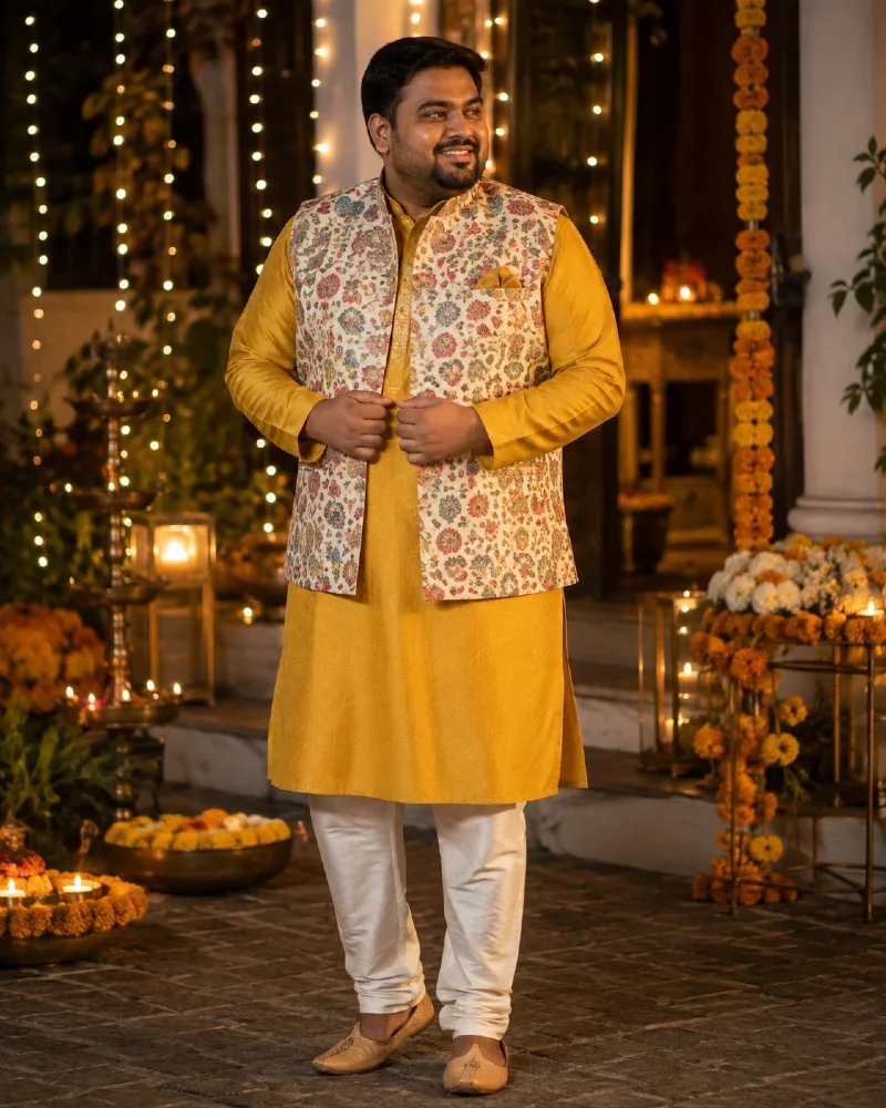 Printed Nehru Jacket with Yellow Kurta Pajama