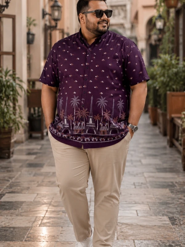 Printed Purple Button-Down Shirt and Beige Chinos