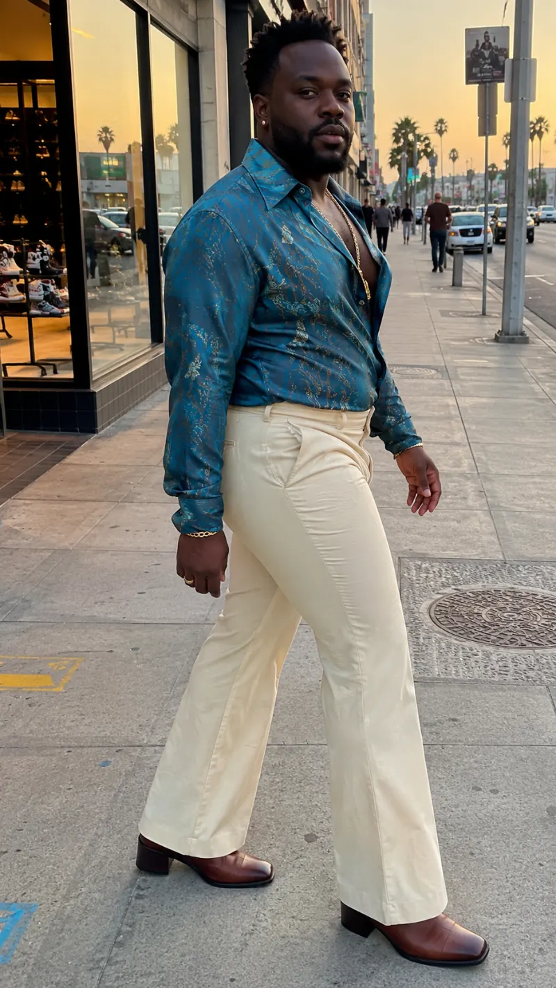 Printed Silk Shirt and Flare Trousers