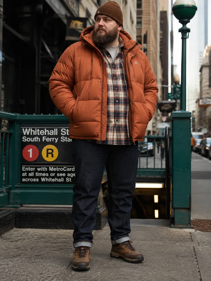 Puffer Jacket, Plaid Flannel Shirt, Dark Jeans, Beanie, and Hiking Boots
