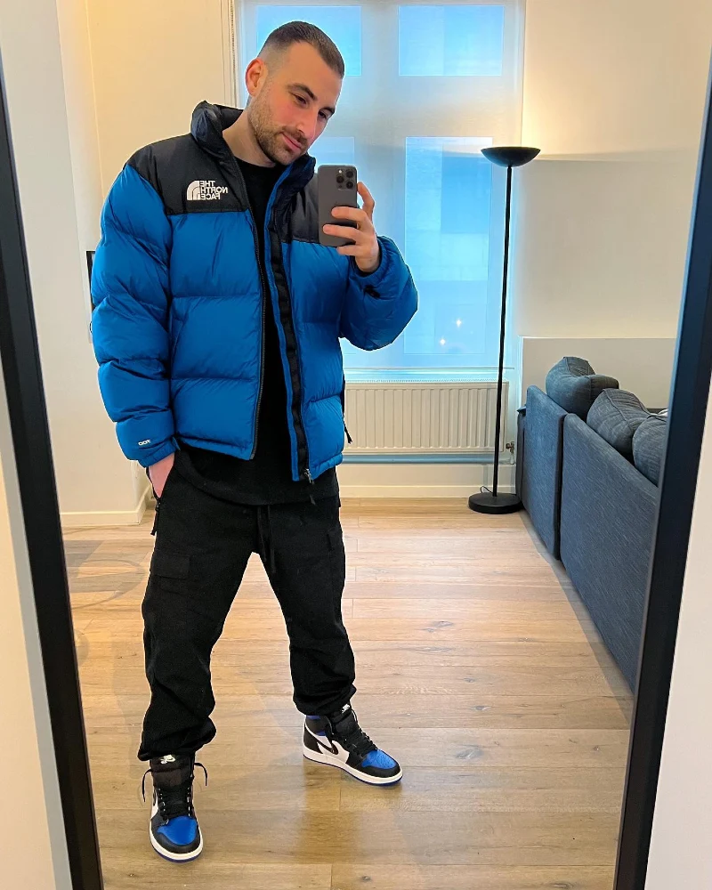 Puffer Jacket with Cargo Pants and Jordans