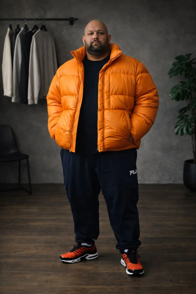 Puffer Jacket with Cargo Sweatpants and Sneakers