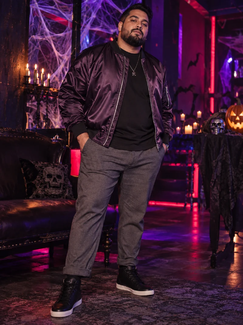 Purple Bomber Jacket With Black Shirt and Gray Trousers