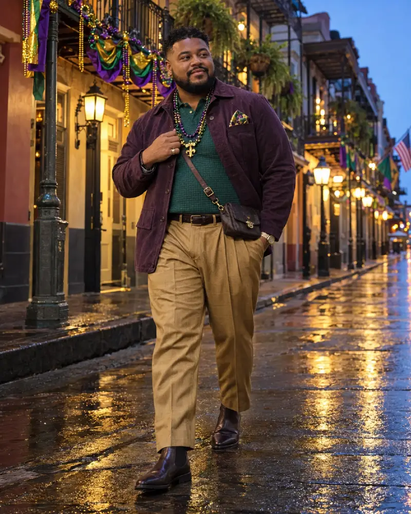 Purple Corduroy Jacket Layered Over Earthy Pleated Khakis