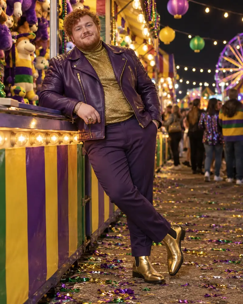 Purple Leather Moto Jacket and Gold Turtleneck