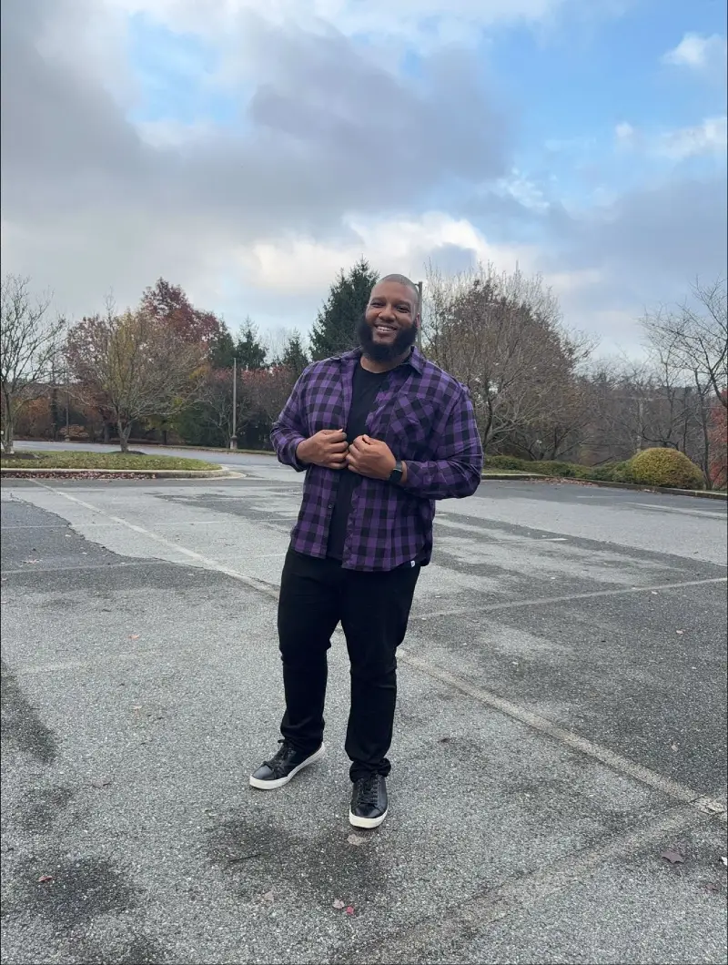 Purple Plaid Overshirt With Black Jeans and Sneakers