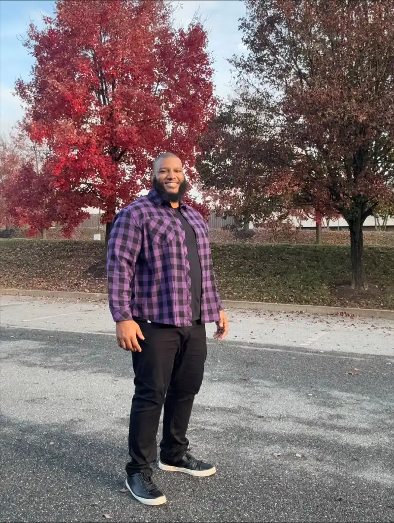 Purple Plaid Shirt, Black T-Shirt, Black Pants