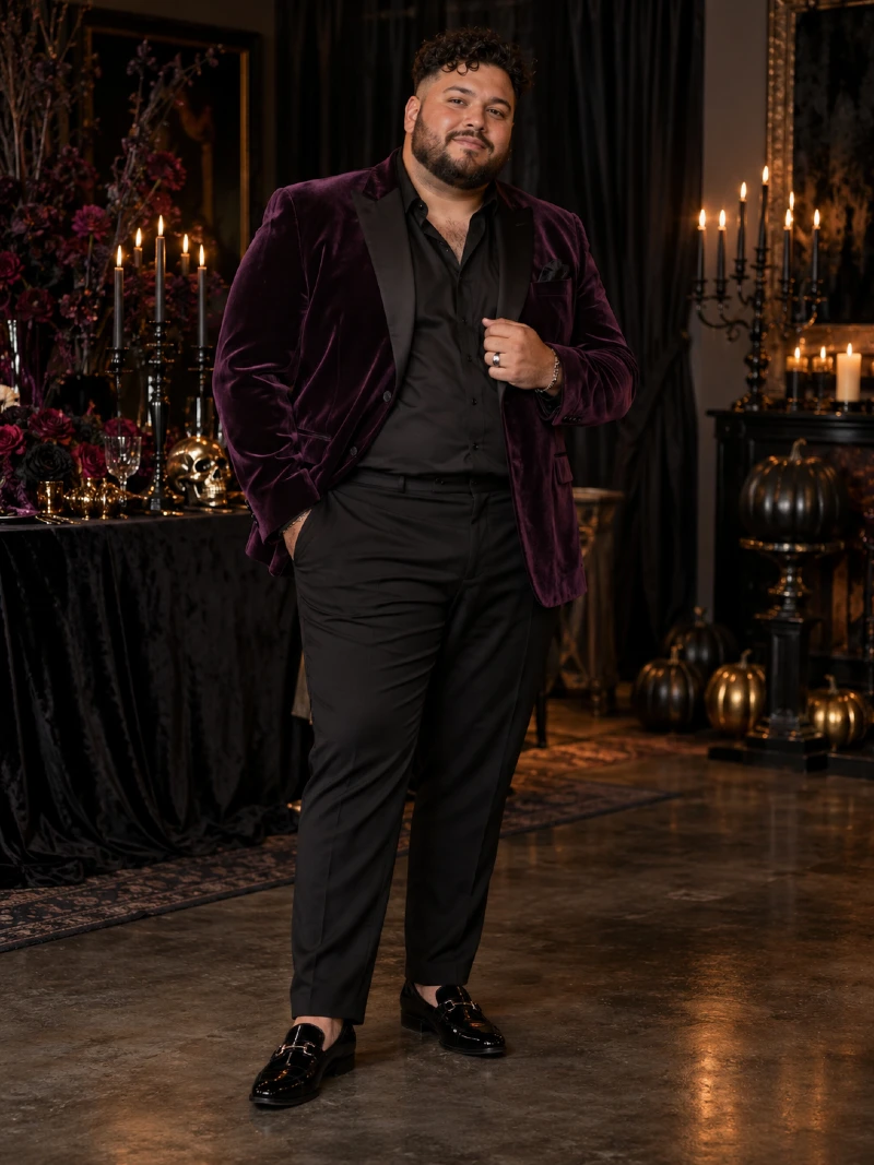 Purple Velvet Blazer With All-Black Party Layers