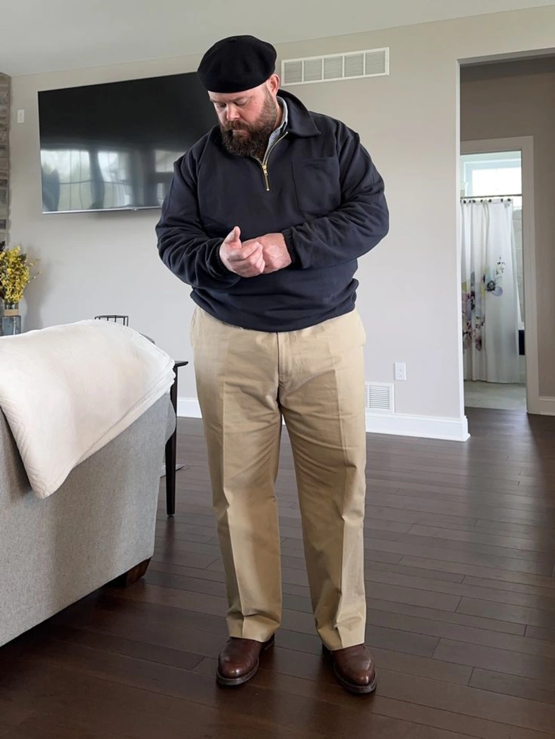 Quarter-Zip Pullover, Collared Shirt, and Khaki Trousers Outfit