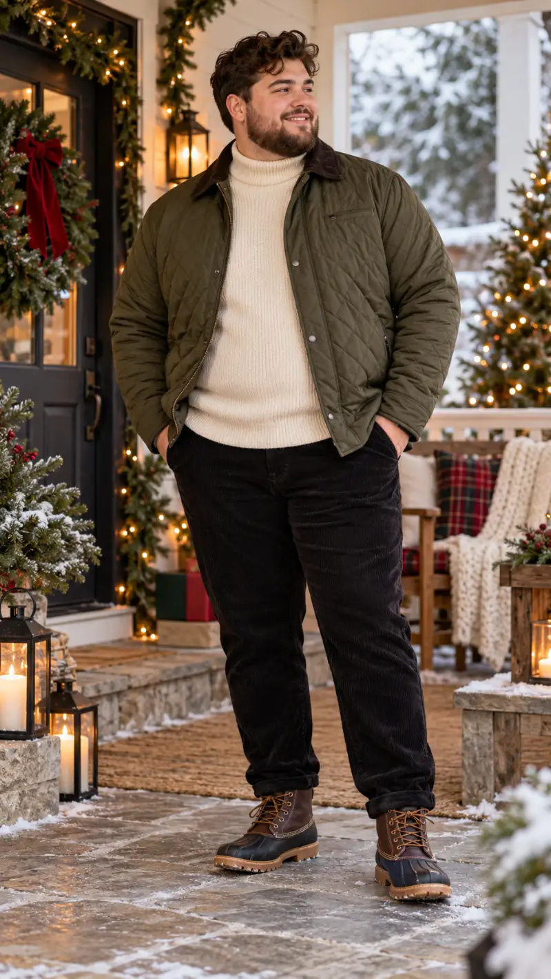 Quilted Barn Jacket, Turtleneck Sweater, Corduroy Pants, and Duck Boots