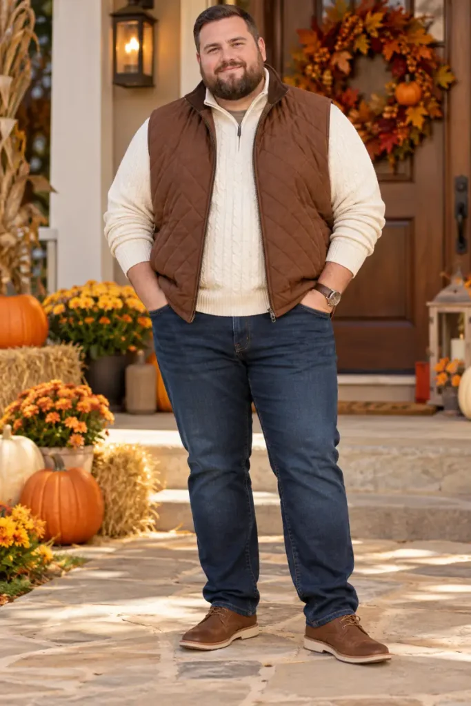 Quilted Brown Vest And Cream Cable Knit