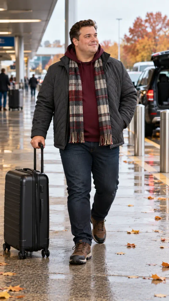 Quilted Charcoal Outerwear Over Rich Burgundy Fleece