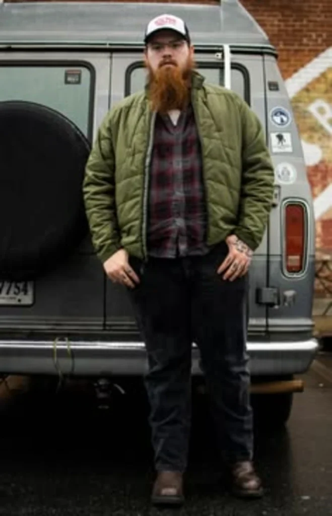 Quilted Olive Bomber over Woven Plaid