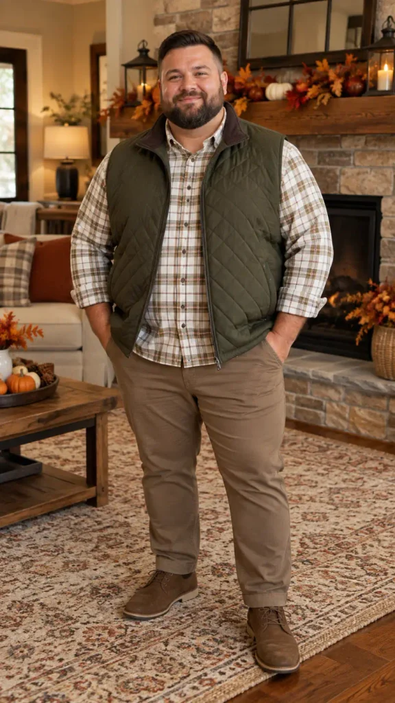 Quilted Olive Vest and Earth Tone Plaid
