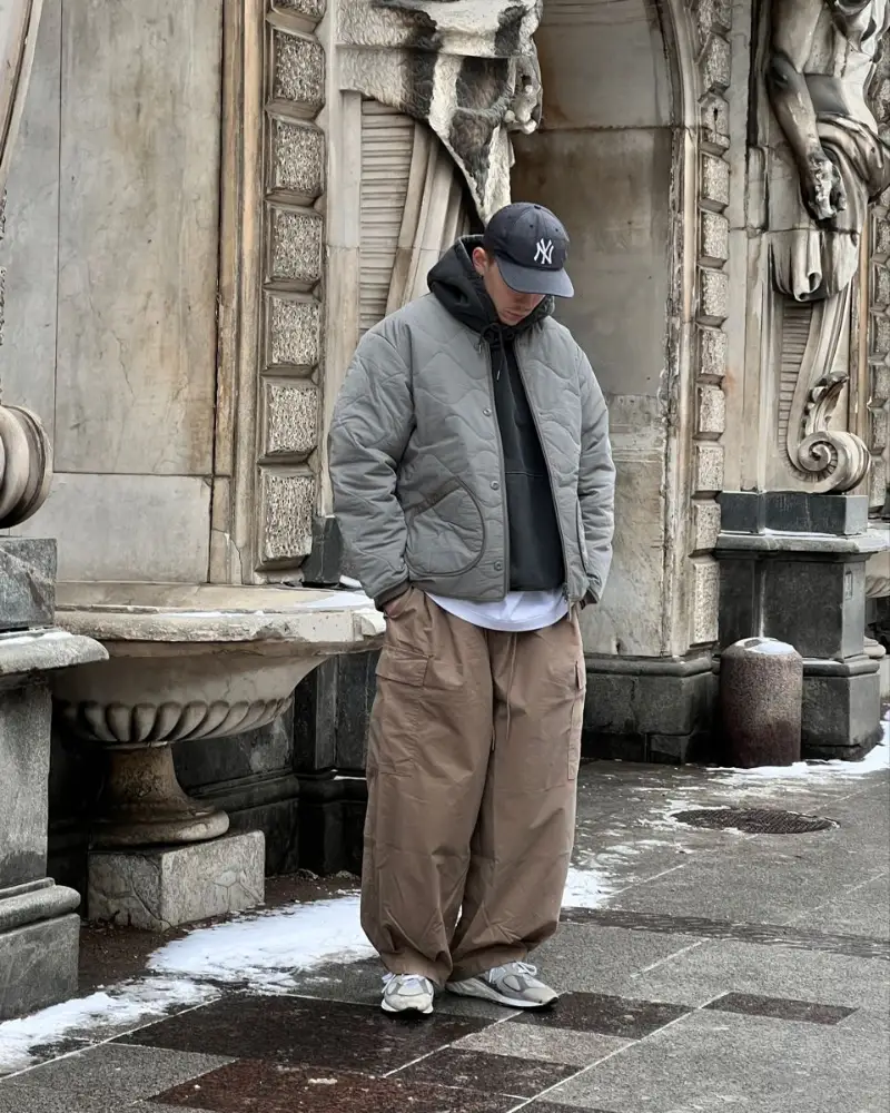 Quilted Puffer Jacket with Wide Cargo Pants