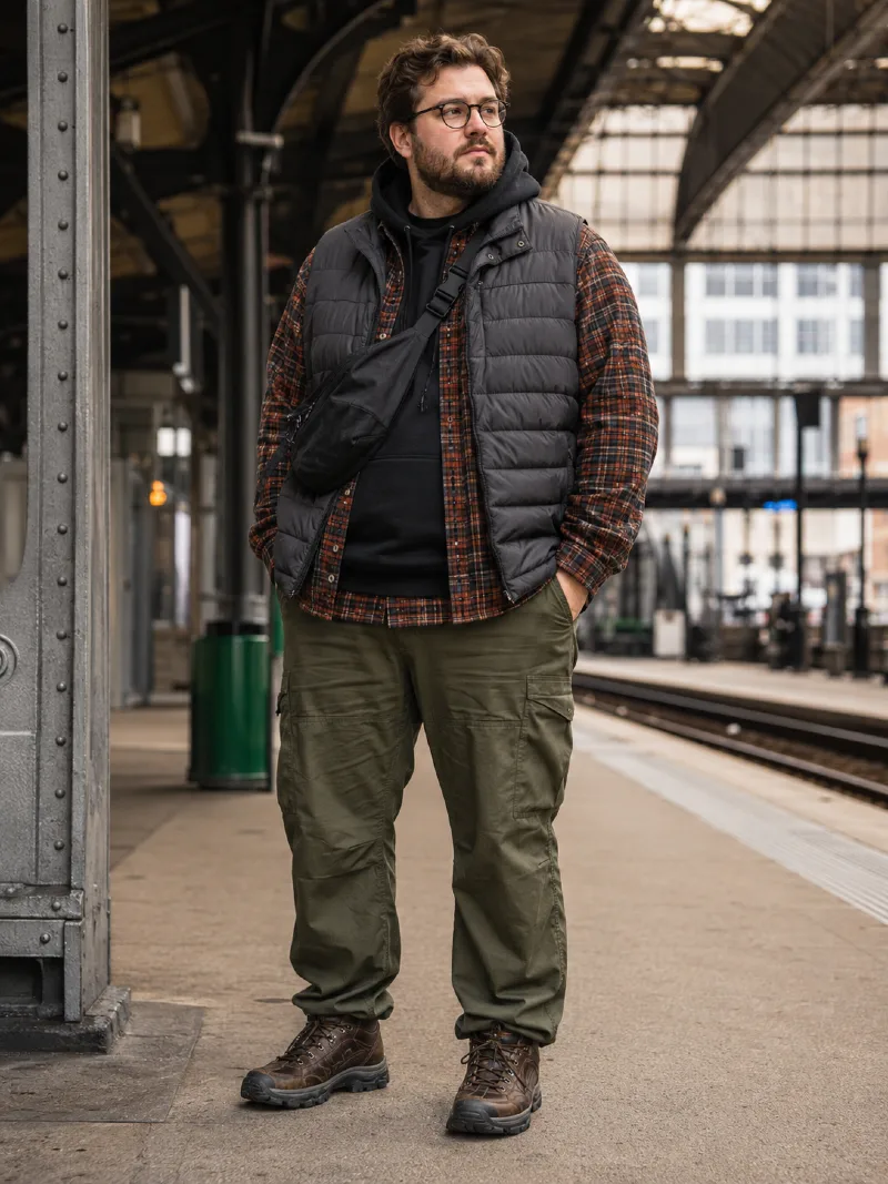 Quilted Puffer Vest, Plaid Flannel Shirt, Black Hoodie, Olive Cargo Pants, Sling Bag, and Hiking Boots