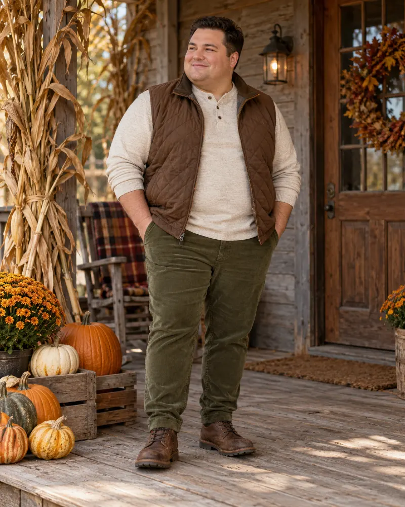 Quilted Puffer Vest and Corduroy Casual