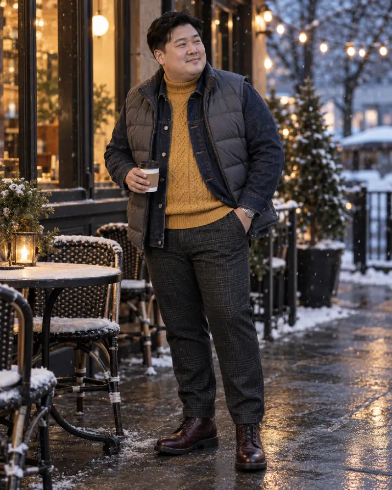 Quilted Vest And Denim Jacket Over Mustard Knit