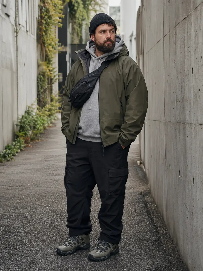 Rain Jacket, Hoodie, Cargo Pants, Beanie, and Hiking Shoes