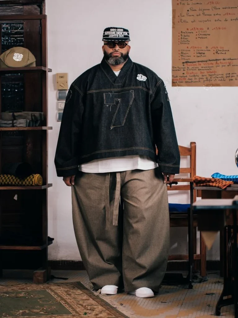 Raw Denim Pullover and Flowing Khaki Trousers