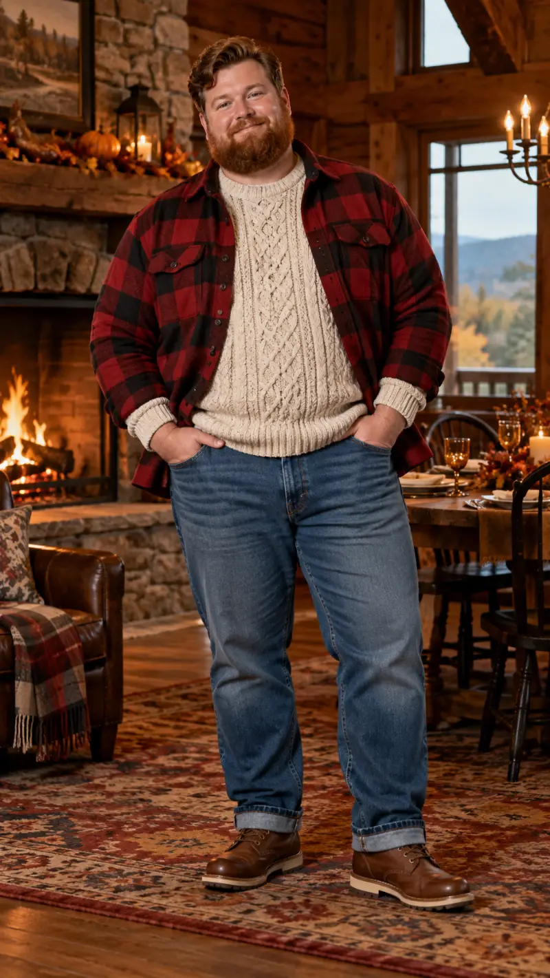 Red Buffalo Plaid Flannel Shirt, Cream Cable Knit Sweater, Medium Wash Jeans, and Brown Leather Boots