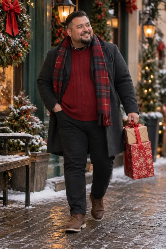 Red Cable Knit Sweater And Charcoal Overcoat