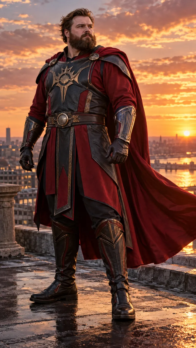 Red Cape, Black-and-Burgundy Armor Tunic & Tall Boots