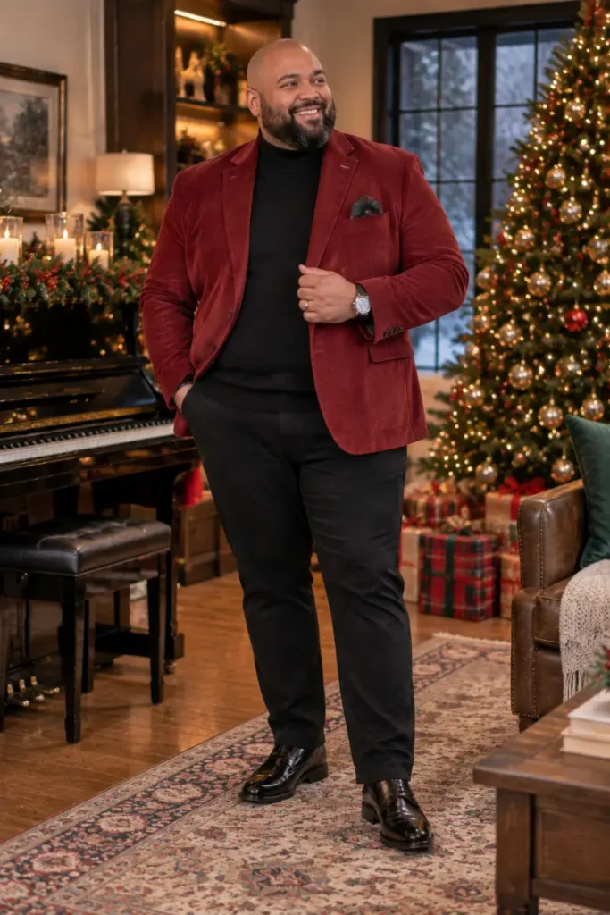 Red Corduroy Blazer And Black Turtleneck
