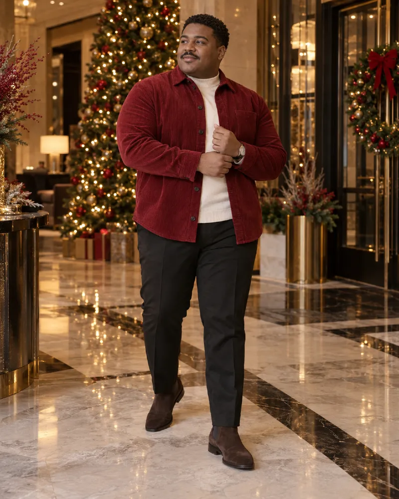 Red Corduroy Overshirt With Cream Knit Base