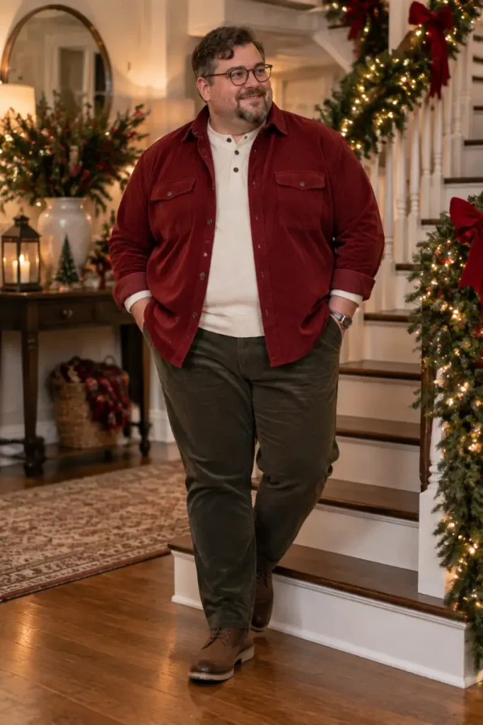 Red Corduroy Shirt And Olive Green Trousers