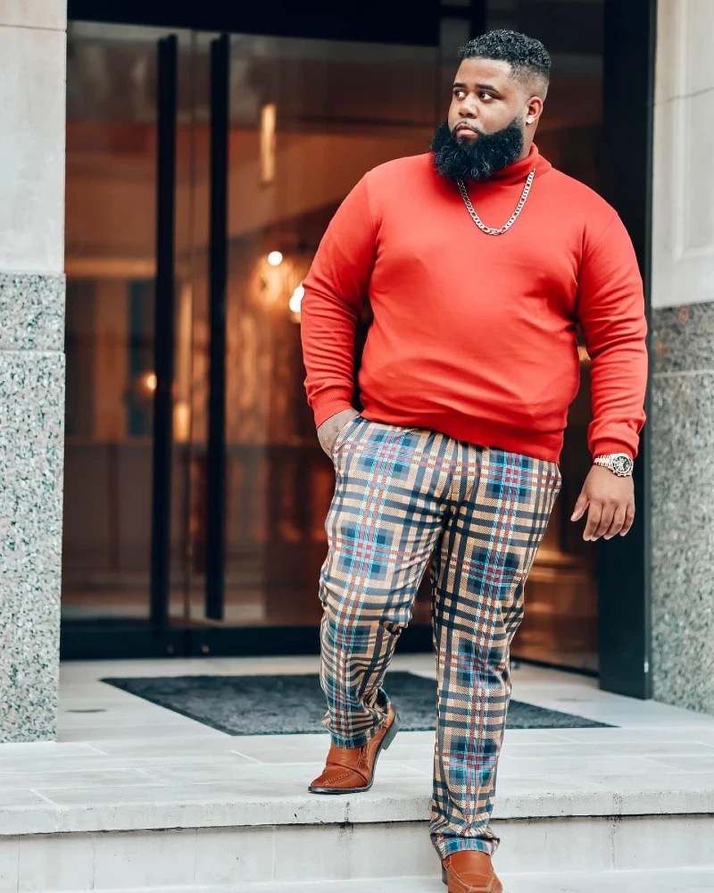 Red Crewneck Sweater With Plaid Trousers