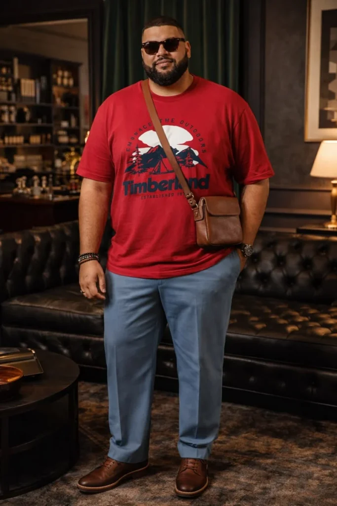 Red Graphic Tee and Light Blue Trousers