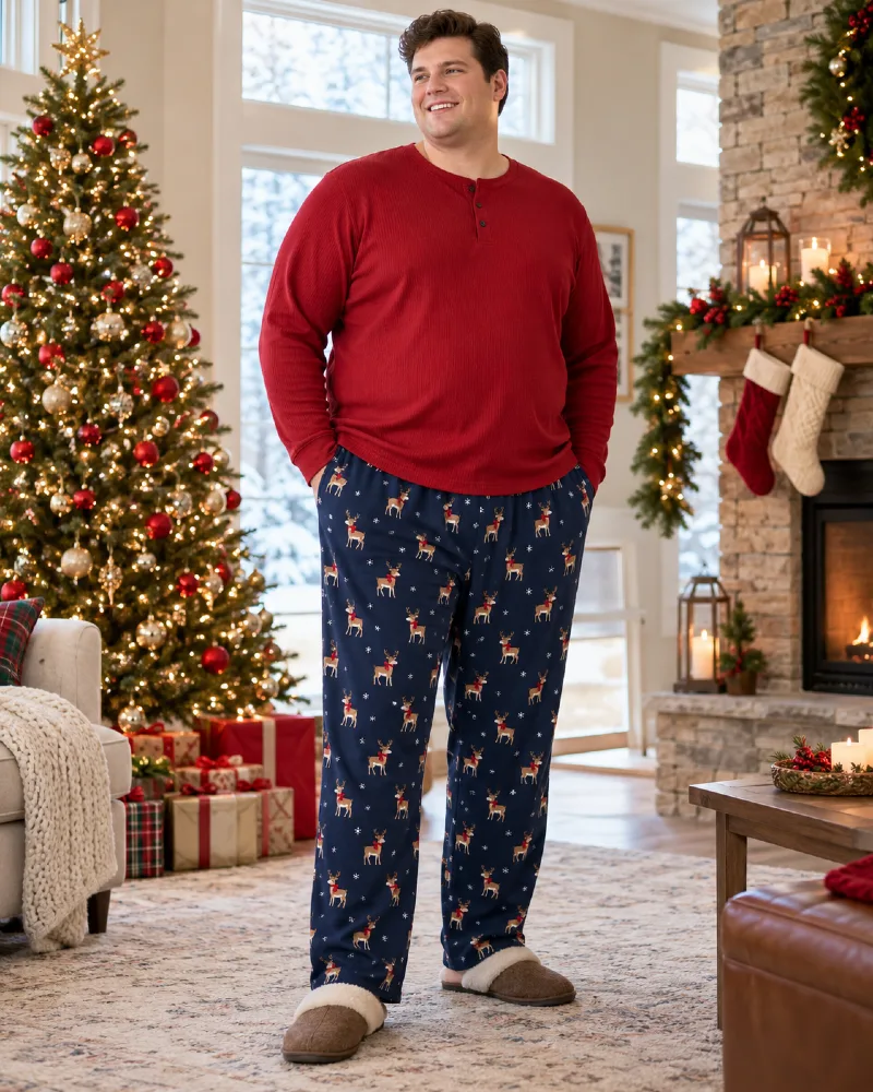 Red Henley With Reindeer Print Pajama Pants