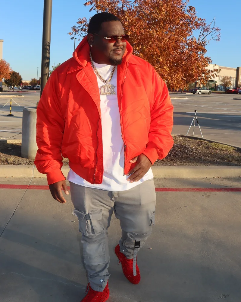 Red Hooded Jacket With Gray Cargo Pants