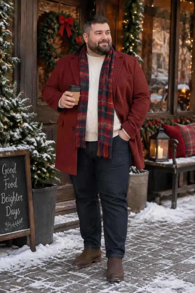 Red Overcoat With Cable Knit And Plaid Scarf