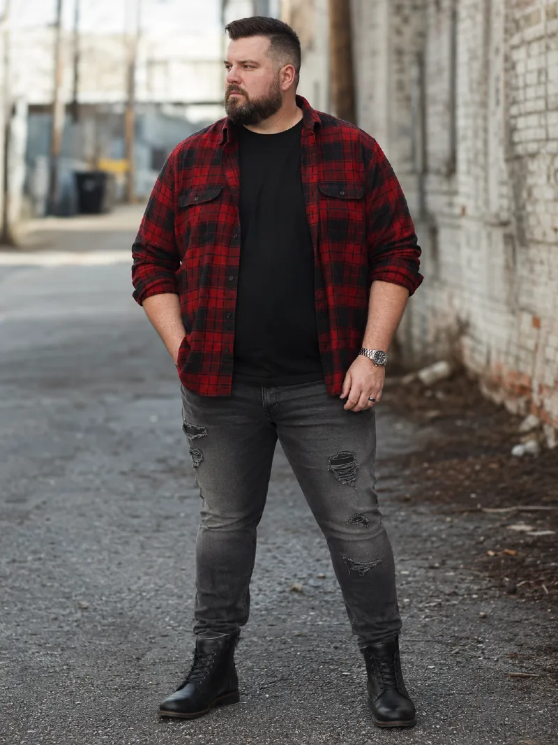 Red Plaid Button-Down Shirt, Black T-Shirt, and Ripped Grey Jeans