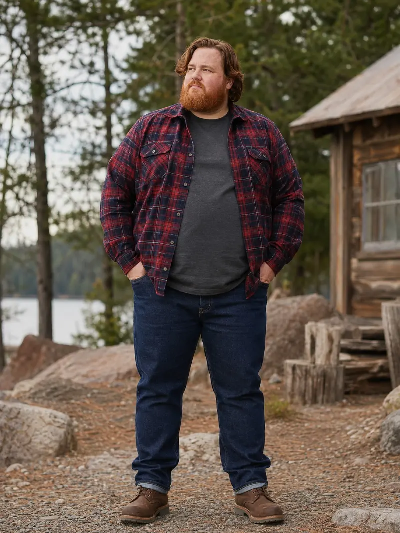 Red Plaid Button-Up Shirt and Dark Jeans