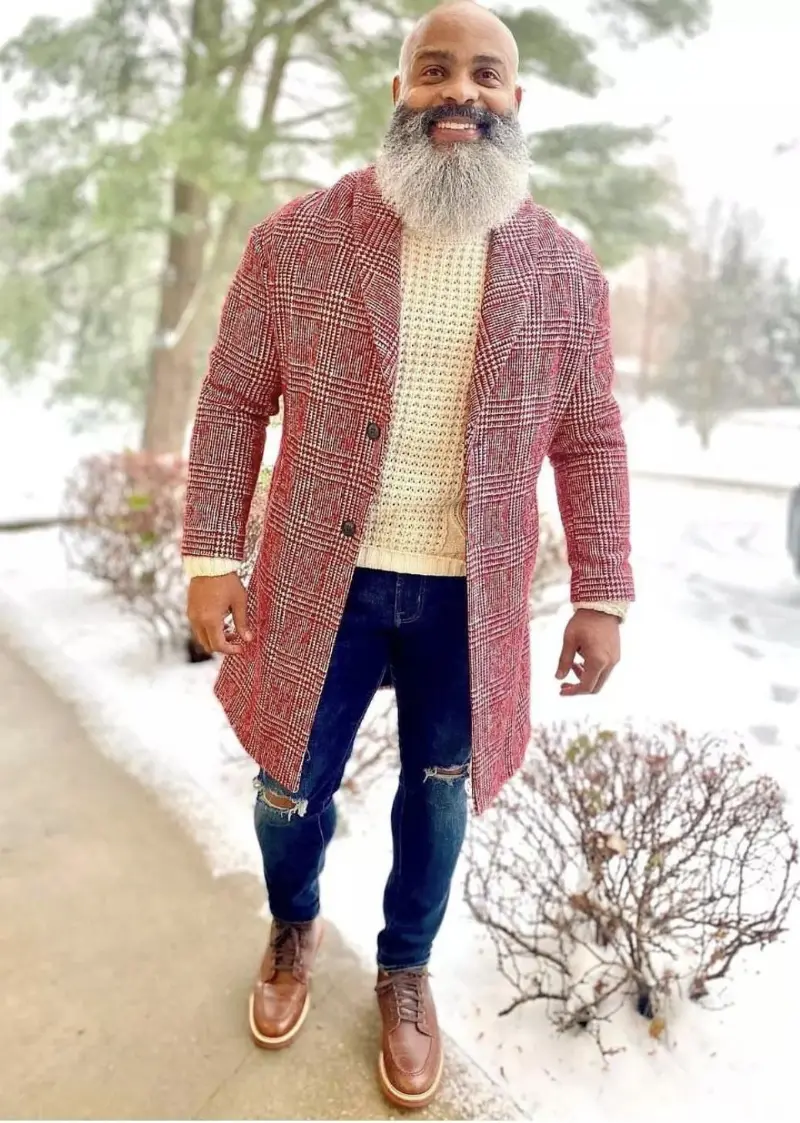 Red Plaid Overcoat with Cream Sweater and Ripped Jeans