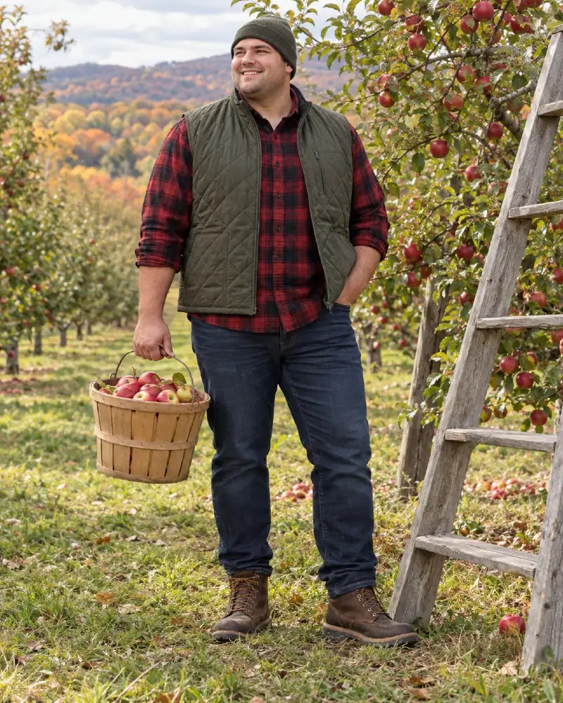 Red Plaid Shirt, Olive Quilted Vest, Jeans & Brown Boots Outfit