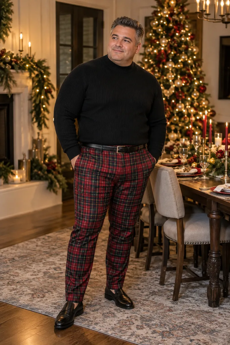 Red Plaid Trousers with Black Mock-Neck Sweater