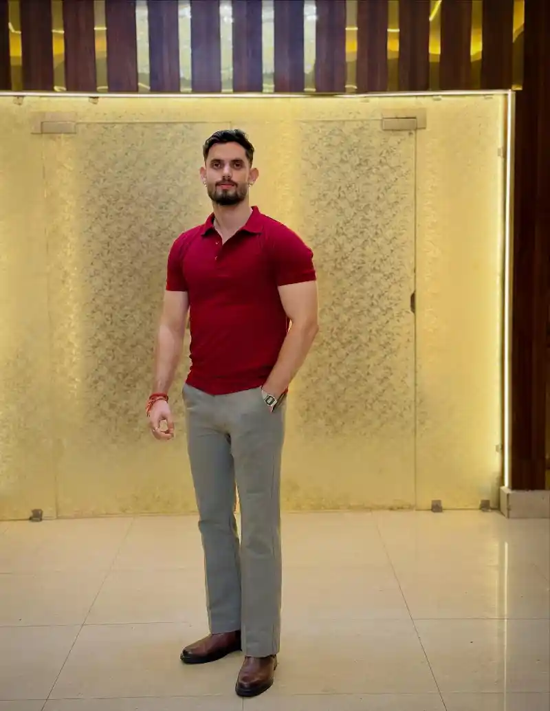Red Polo Shirt and Grey Trousers