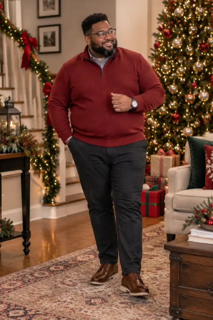 Red Quarter Zip Knit And Charcoal Trousers
