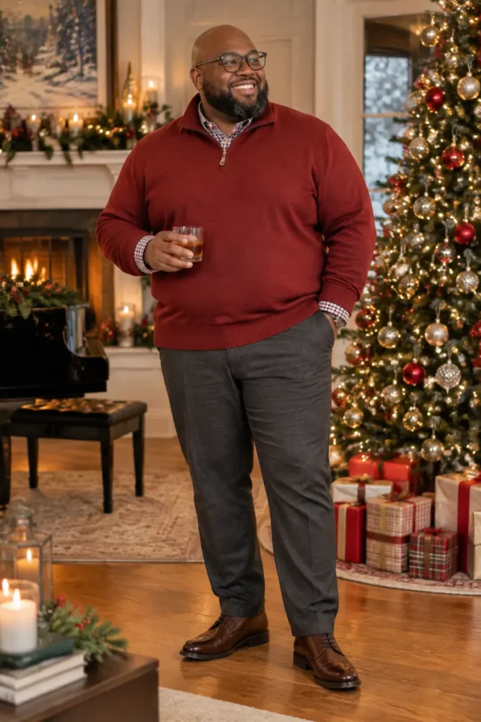 Red Quarter Zip Knit And Grey Trousers
