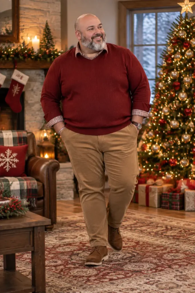 Red V Neck Sweater And Khaki Corduroys