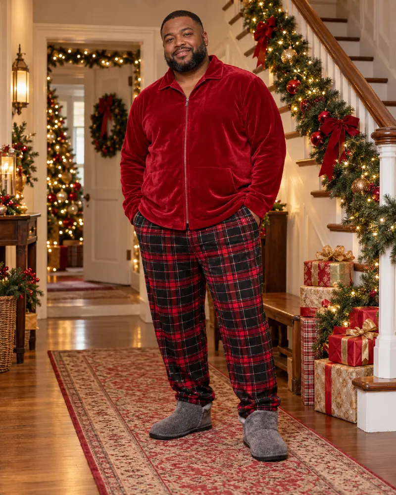 Red Velour Zip Jacket With Black Tartan Pajama Pants