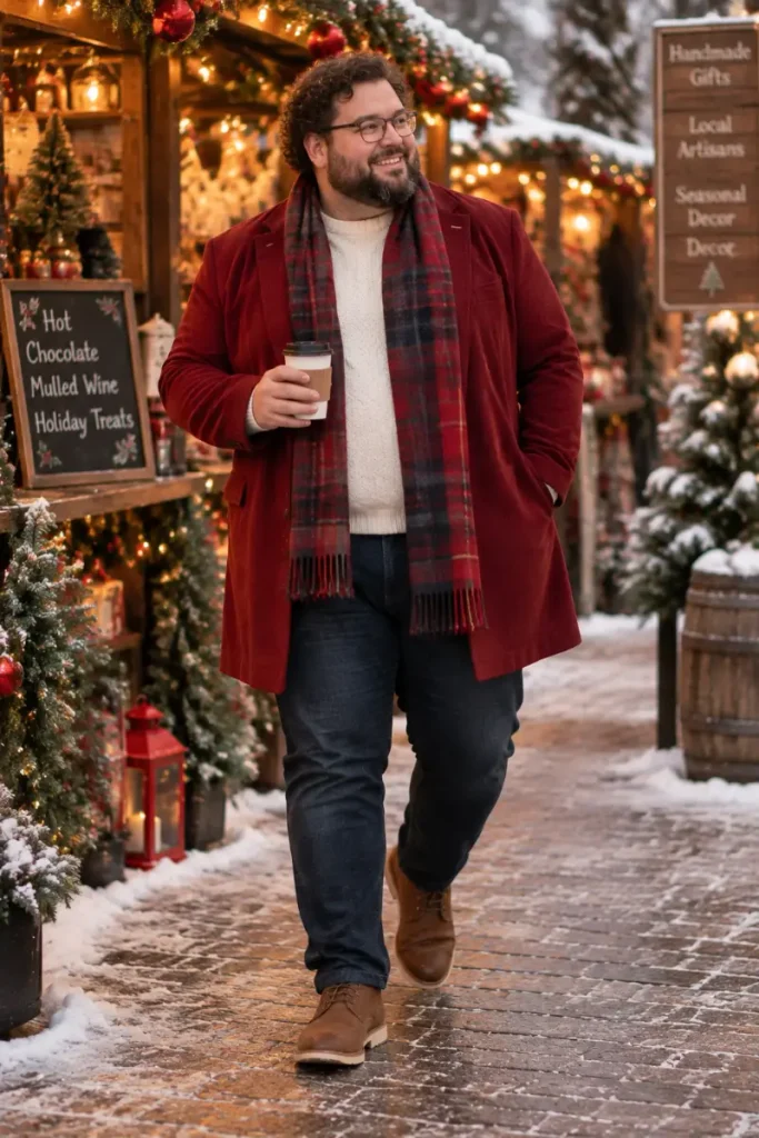 Red Winter Overcoat And Chunky Cream Sweater